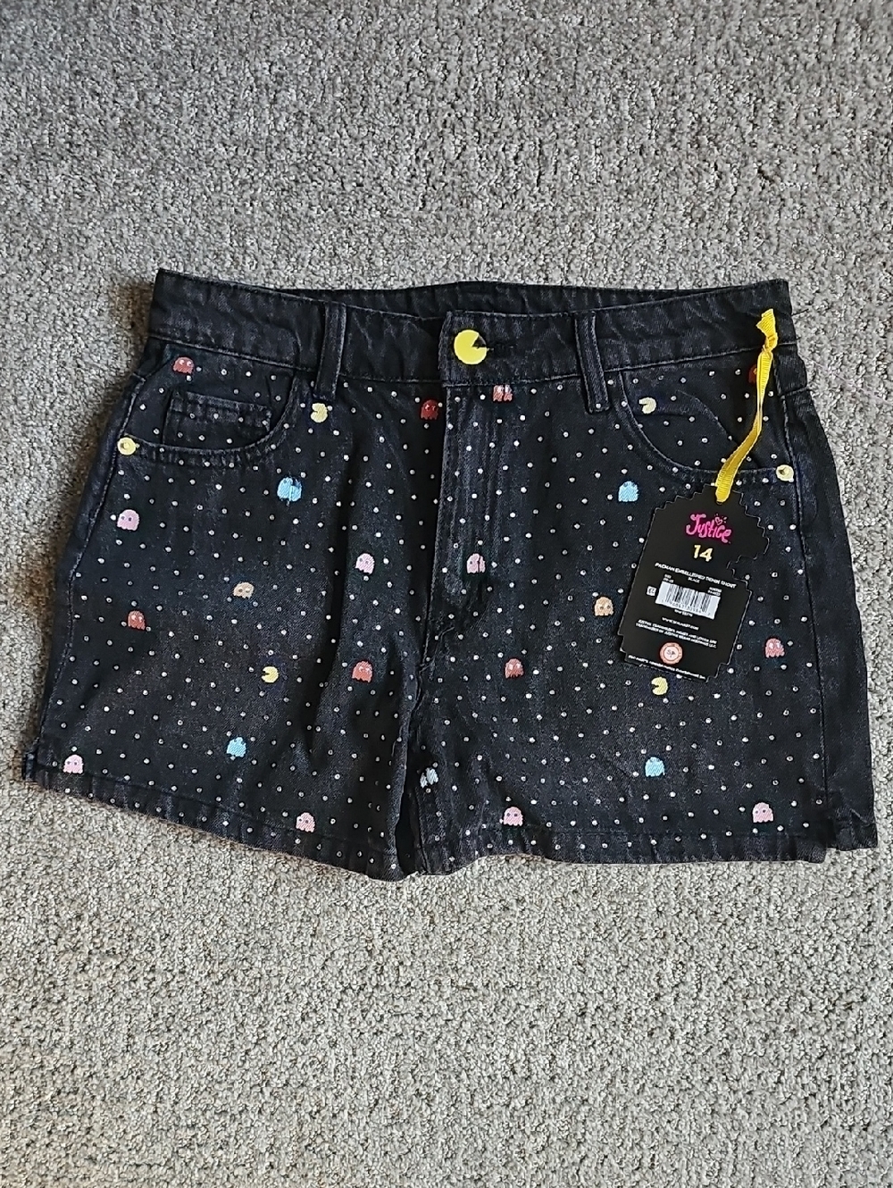 Girls Justice Black Denim Shorts with Multicolor Arcade Pacman Print New!